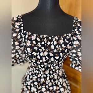 Trixxi Black Floral Puff Sleeve Mini Dress Smocked Waist & Ruffle Skirt SZ (S)